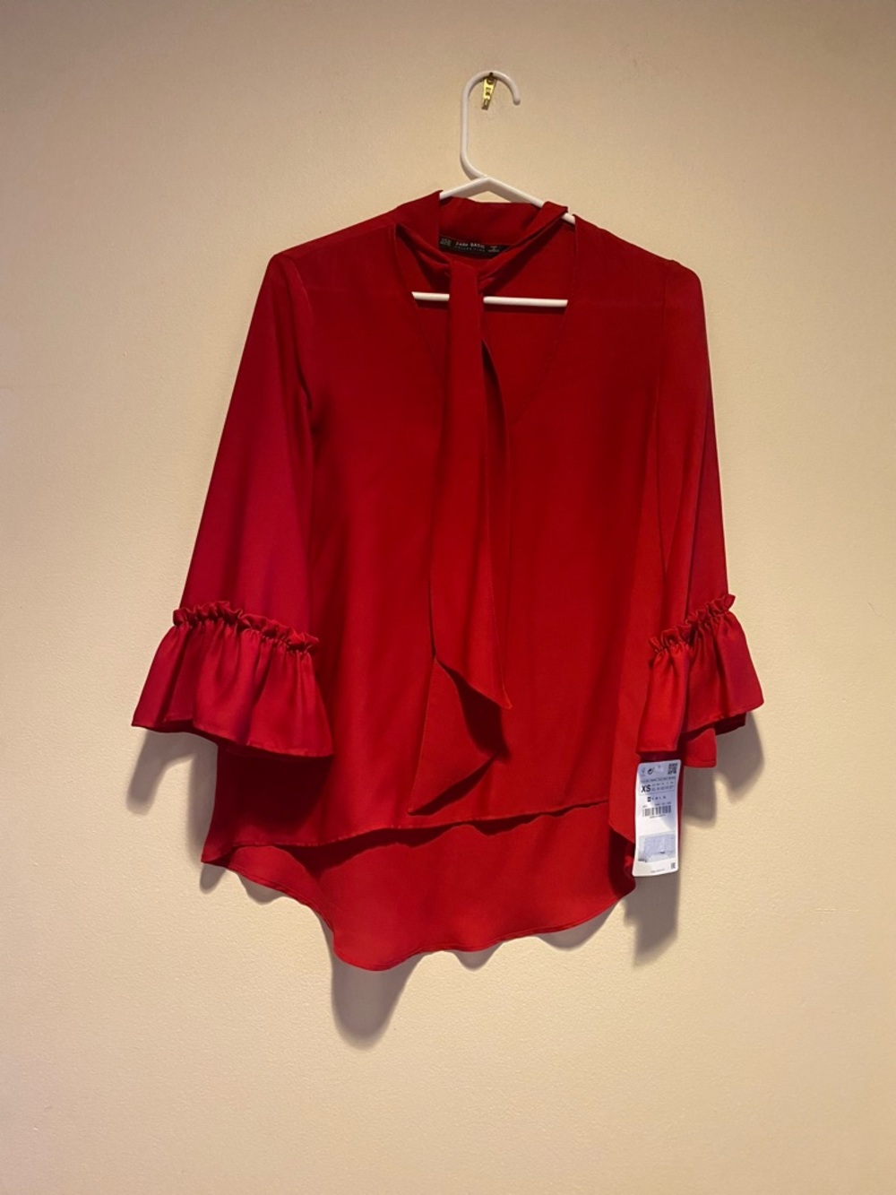 NWT Zara Red Tie-Neck Ruffle Sleeve Top  S